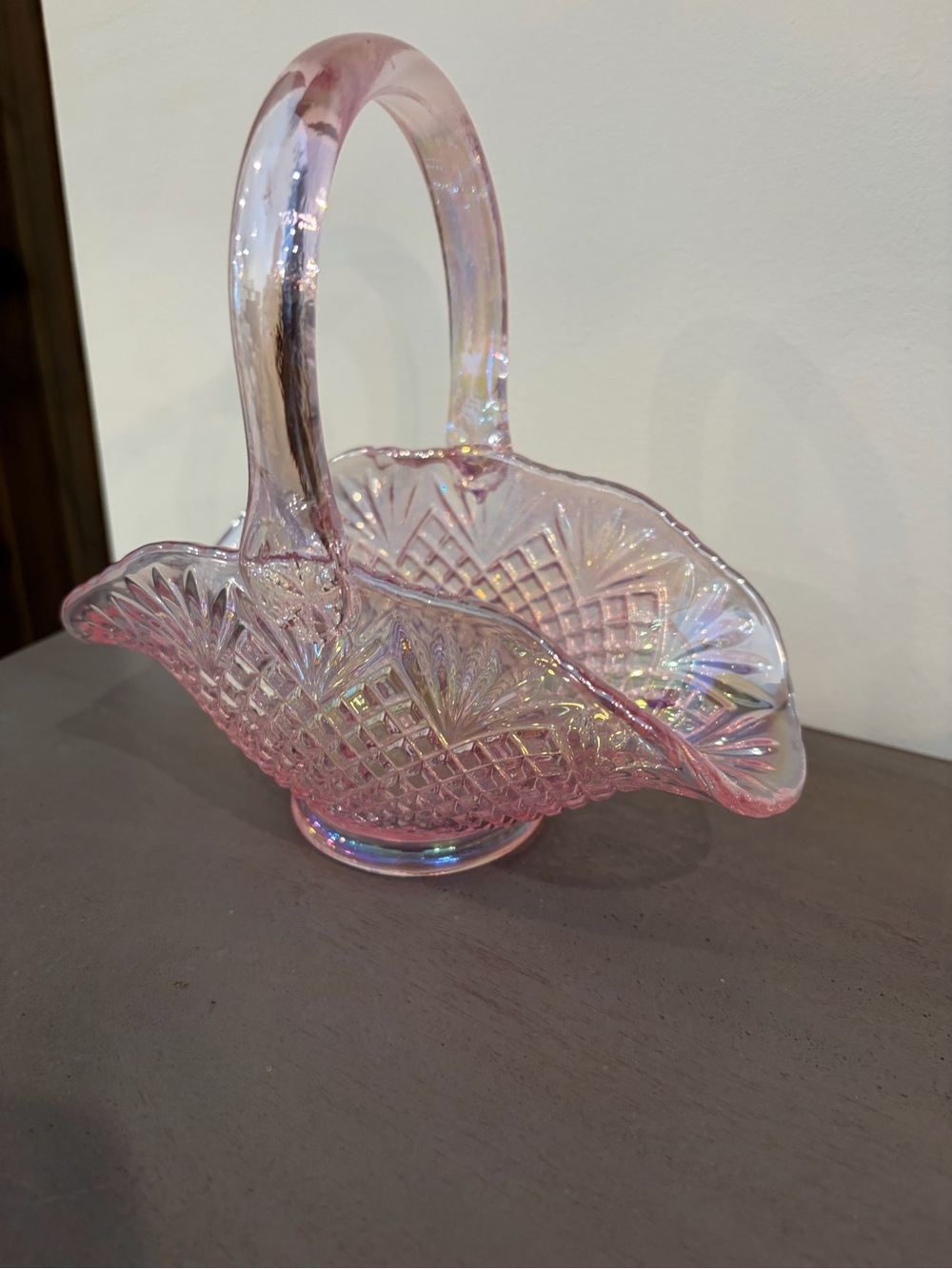 Pink Iridescent Glass Basket with Sculpted Handle